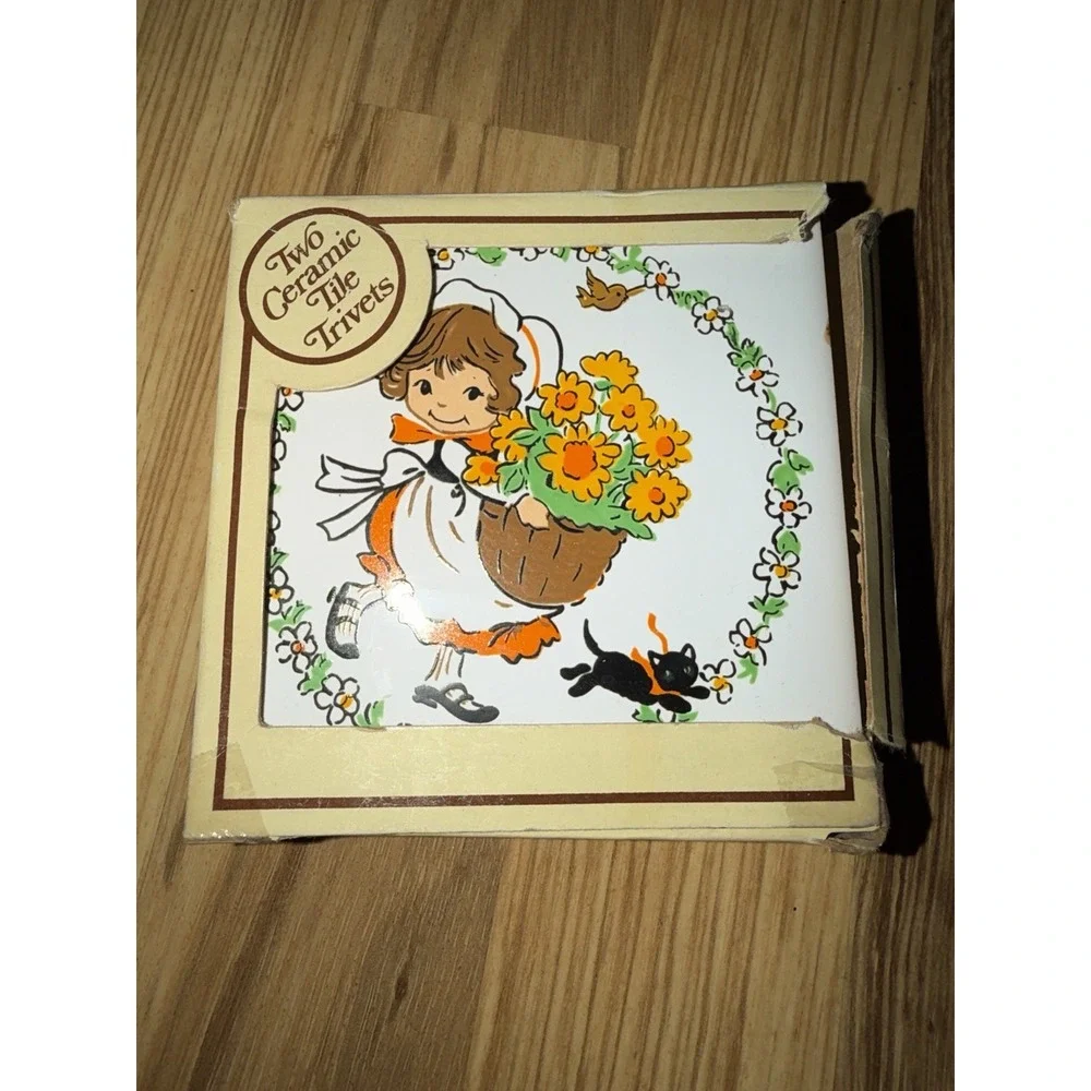 VTG New Tile Hot Plate Trivet Square Retro Kitchen Girl Flowers Cat Jasco Tawain